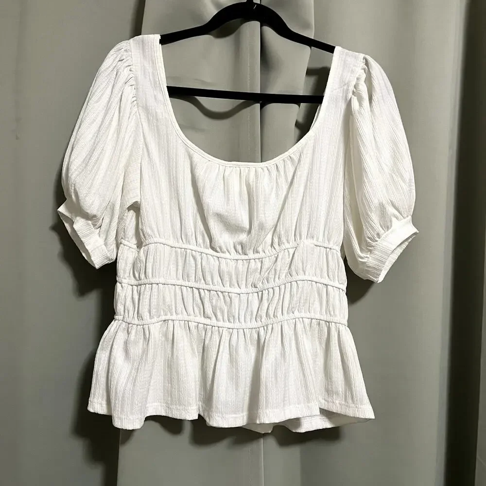 Anthropologie Maeve Ruched Puff-Sleeved Ivory White Blouse